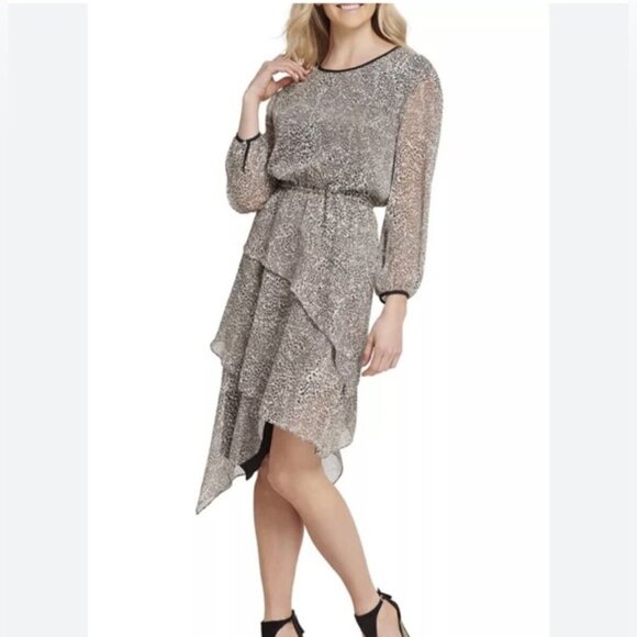 Dkny Dresses & Skirts - DKNY Long Sleeve Cream and Black Leopard Print Dress SIZE LARGE